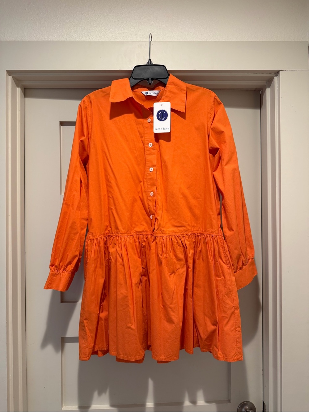 Caryn Lawn Orange Long-Sleeve Button Shirt Dress NWT